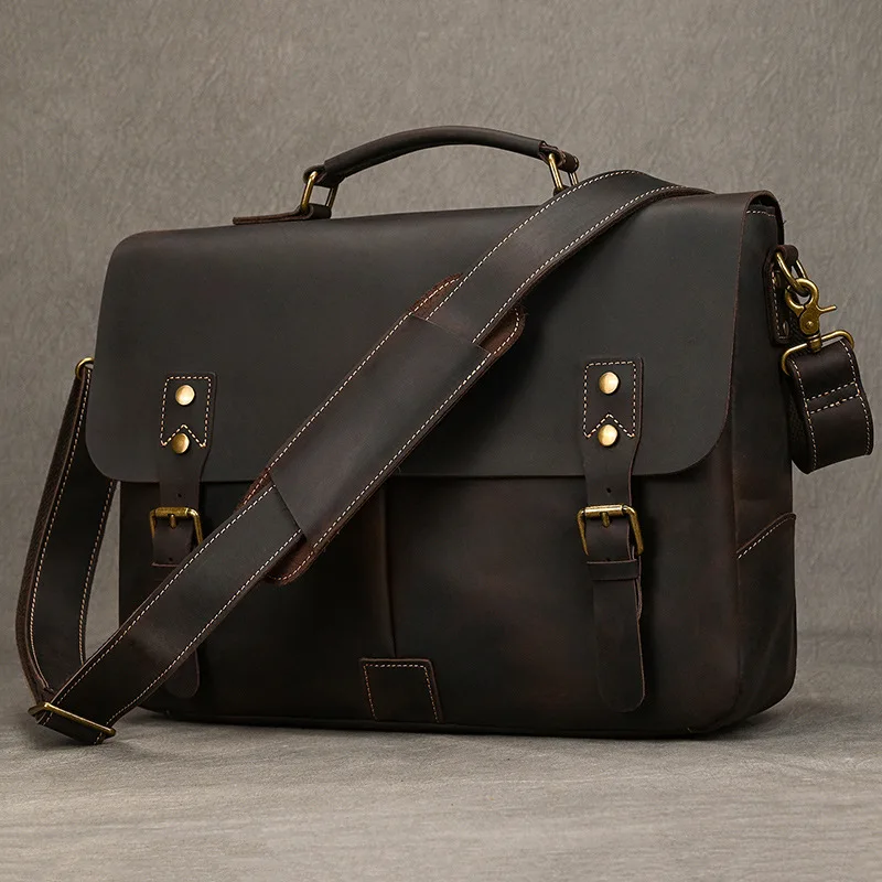 New Retro Genuine Mad  Leather Men's Briefcase Large Capacity Laptop Bag Single Shoulder Slant Cross Backpack Casual Style