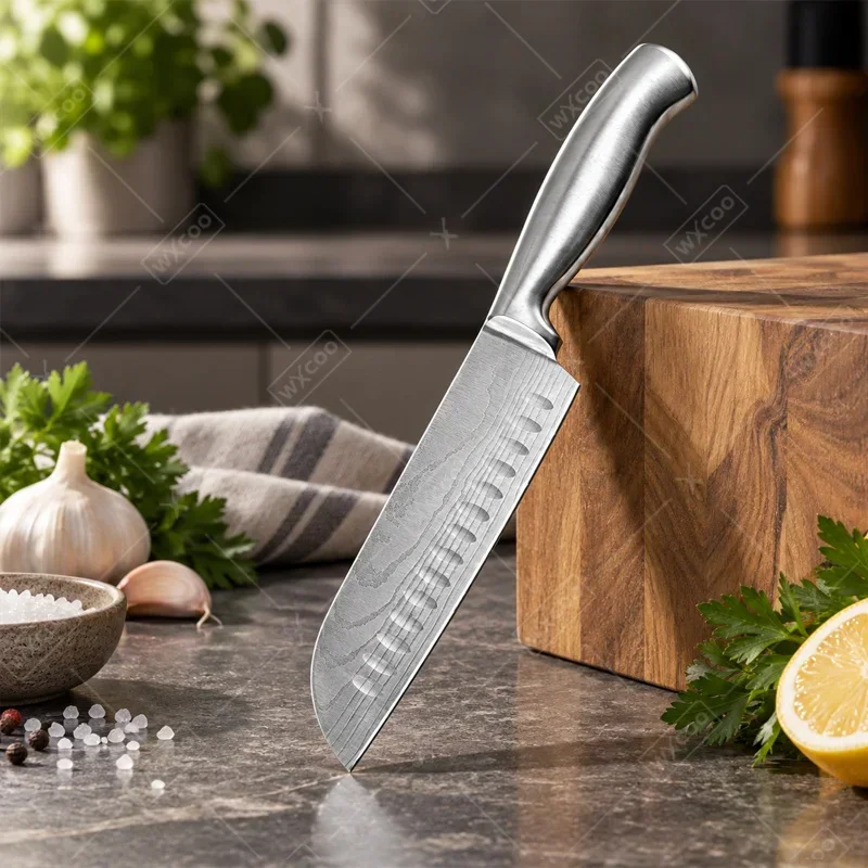 WXCOO Full Steel Professional Kitchen Knife Utility Knife Santoku Knife Damascus Laser Pattern Chef Fruit Slicing Bread Cutter