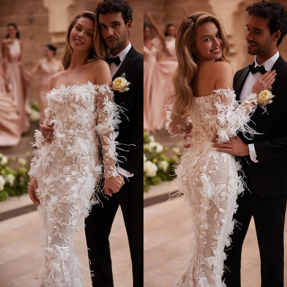 

Fancy Wedding Dresses Off Shoulder Mermaid Bridal Gowns 3D Appliques Feather Illusion Long Sleeve Customized Vestidos De Novia