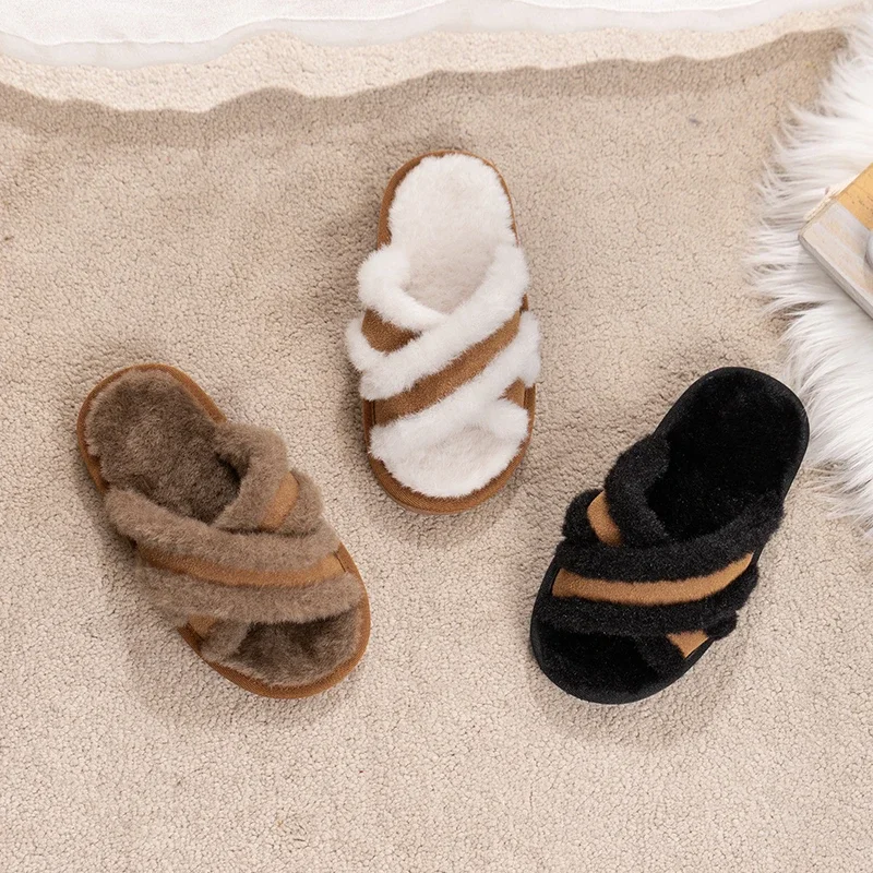 Winter Children's Slippers Simple Fashion Girls Mules Slippers Open-toe Soft Kids Causal Boys Warm Home Slippers Furry Hairy