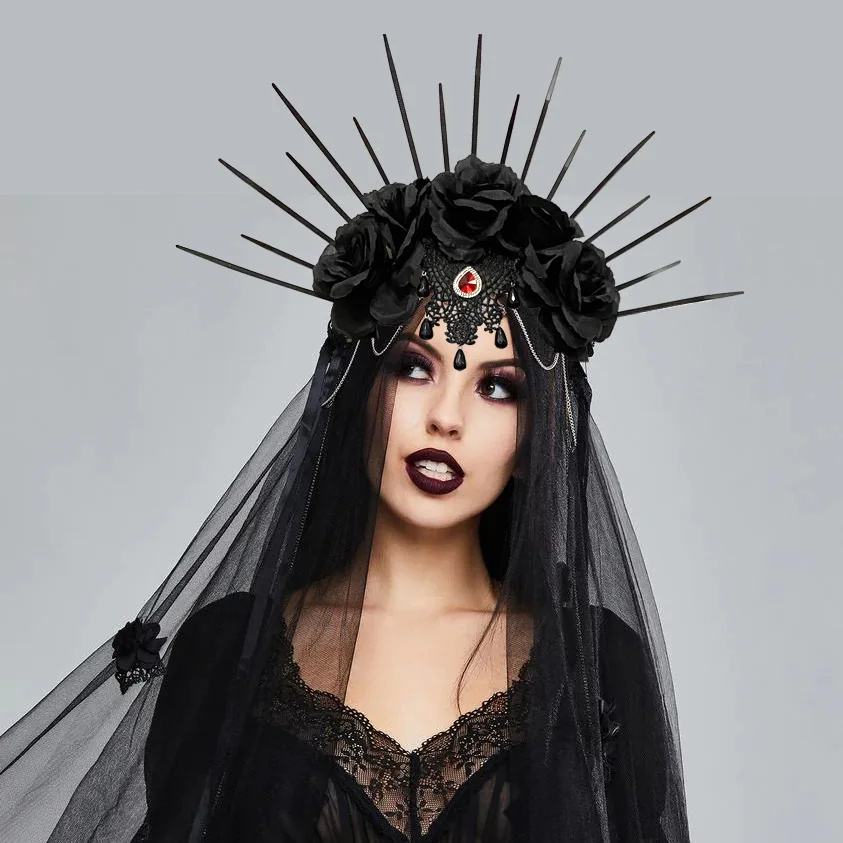 Halloween Veil Headband Gothic Crown Mesh Black Rose Retro Crown for Woman