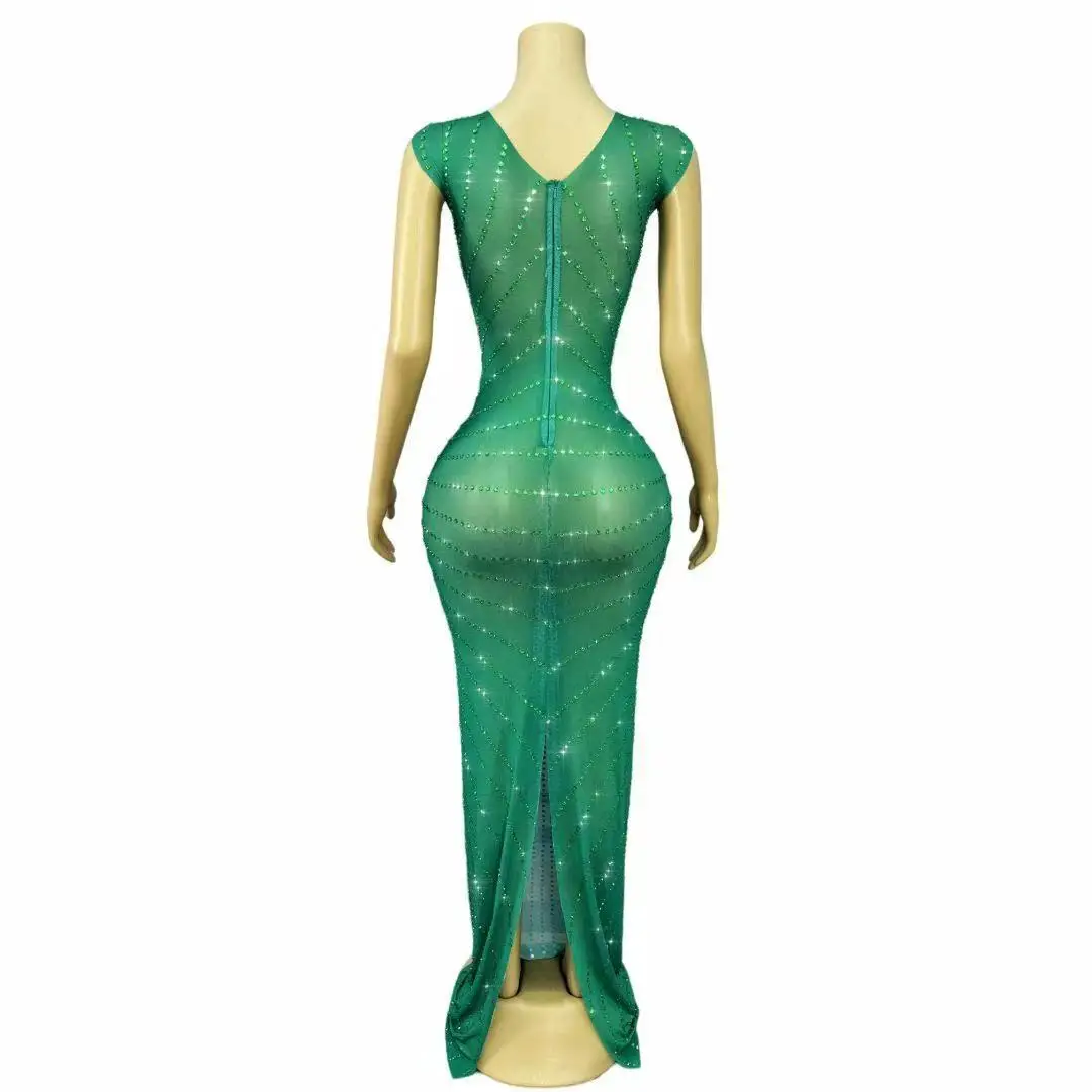 Sukienka damska seksowna, błyszcząca, z zielonymi cyrkoniami, bez rękawów, długa, na imprezę, urodziny, wieczór, sesję zdjęciową, występ sceniczny, kostium.