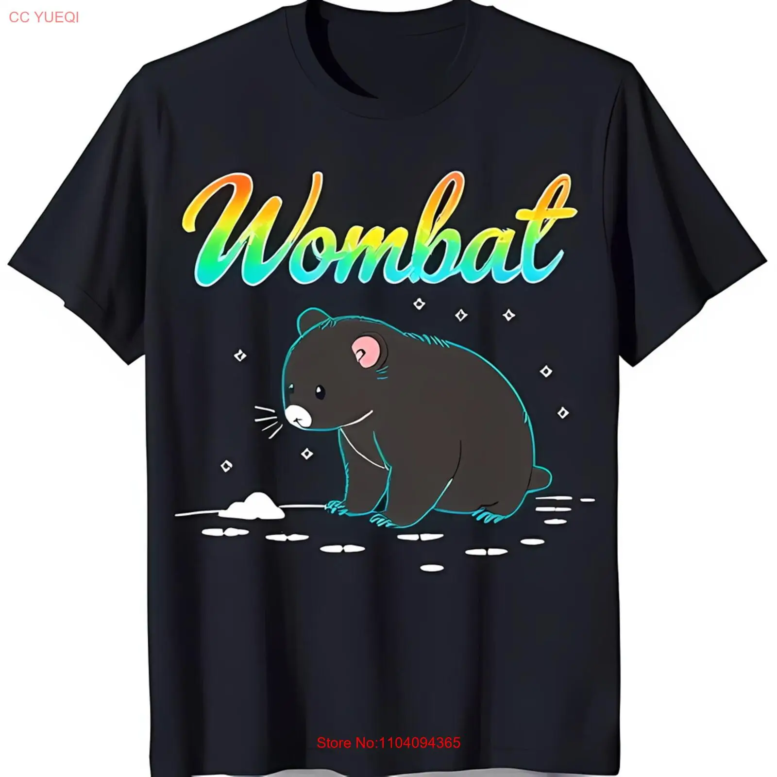 

Черная футболка с рисунком Яркая радуга «Wombat» и очаровательным дизайном Wombat
