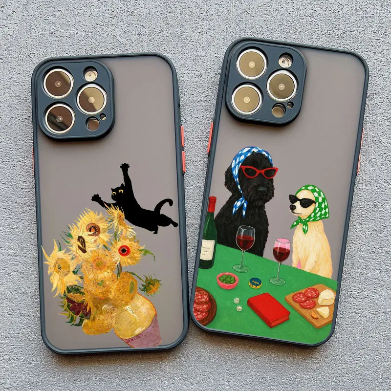 Niedliche Cartoon-Hunde- und Katzen-Handyhülle für iPhone 17 16 15 11 12 14 13 Pro Max Mini X XS XR 7 Plus 17E Stoßfeste Matte Schutzhülle Fundas