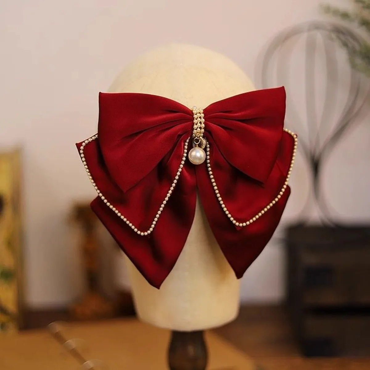 

Wine Red Satin Large Bow Hair Clip – Vintage Bride Formal Party Hair Accessory, High-End Aesthetic Influencer Hair Decor