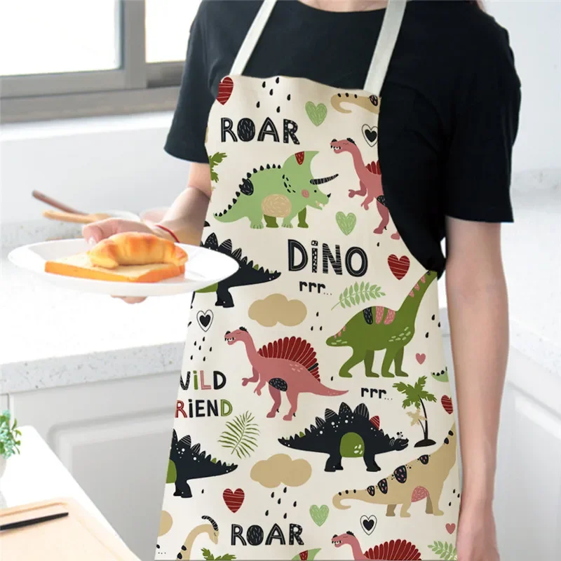 Cute Cartoon Dinosaur Aprons for Women Children Kitchen Apron Linen Soft Fabric Adults Children Bib Baking Accessories Delantal