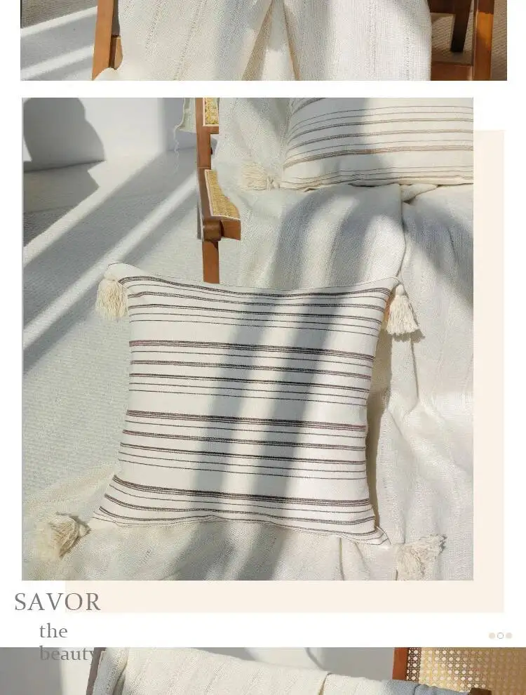 Boho Weiche & Gemütliche Kissenbezüge Gestreifte Quadratische Neutrale Kissenhüllen mit Quasten Landhaus-Stil Sofakissenbezug für Sofa und Bett – Detail 6