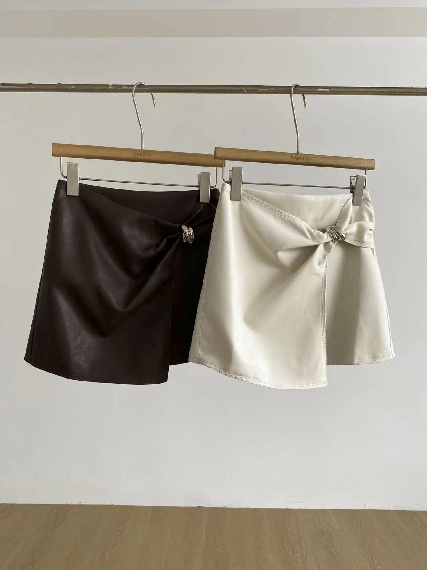 High Waist PU Leather  Skirt with Knot Twist Metal Ring Irregular Design Anti-Light A-Line Half Body Wrap Women's Skirt