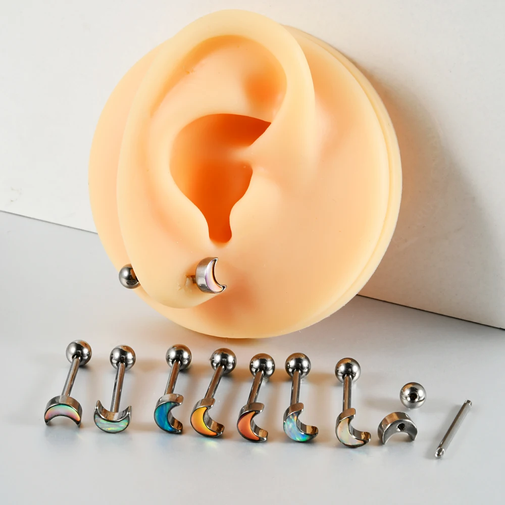 1PC Titanium Flash Film Opal Moon Heart Shape Tongue Stud External Thread Helix Ear Cartilage Tragus Body Piercing Jewelry 14G image 3