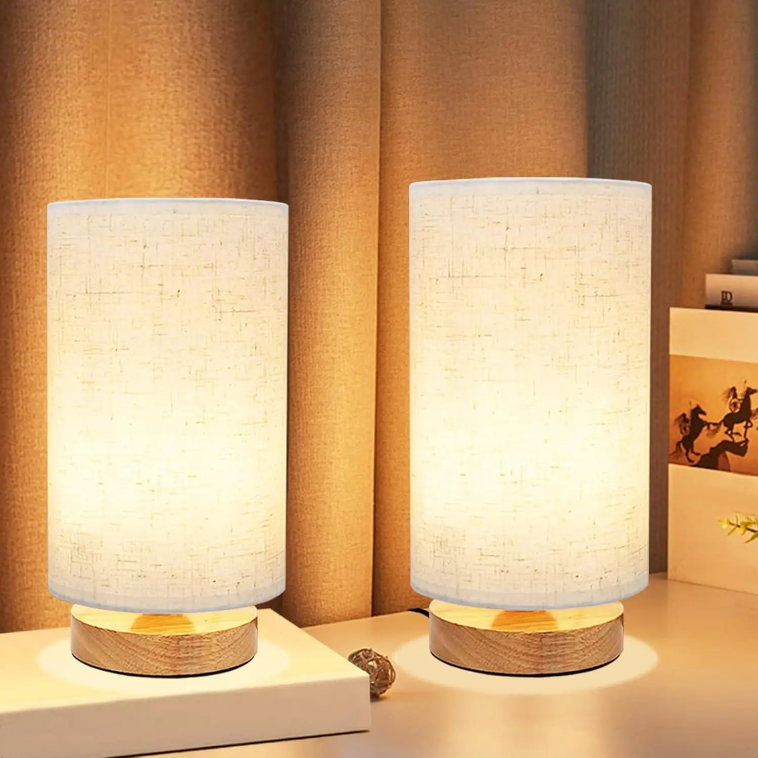 

2-Pack Minimalist Bedside Lamp, Wood Base & Round Fabric Shade, Cozy Warm Nightstand Light for Bedroom, Dorm, Nursery, Living