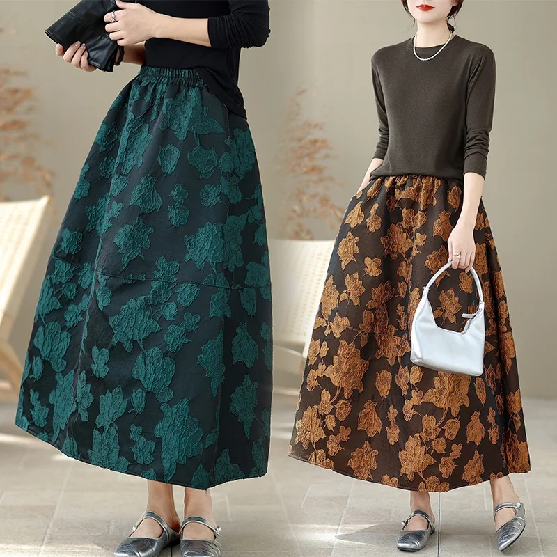 Elegant Embossed Floral Casual High Waist Midi Skirt Women's Ensemble Spring Autumn Season Polyester Fiber Bunch Style Skirt
