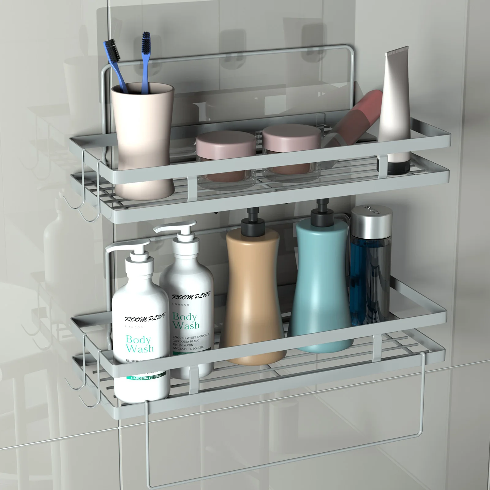 2PCS Bathroom Shelves Shampoo Storage Rack 2 tier Towel Rack with Small Hooks Holds up to 15KG Waterproof Rustproof Wall mounted