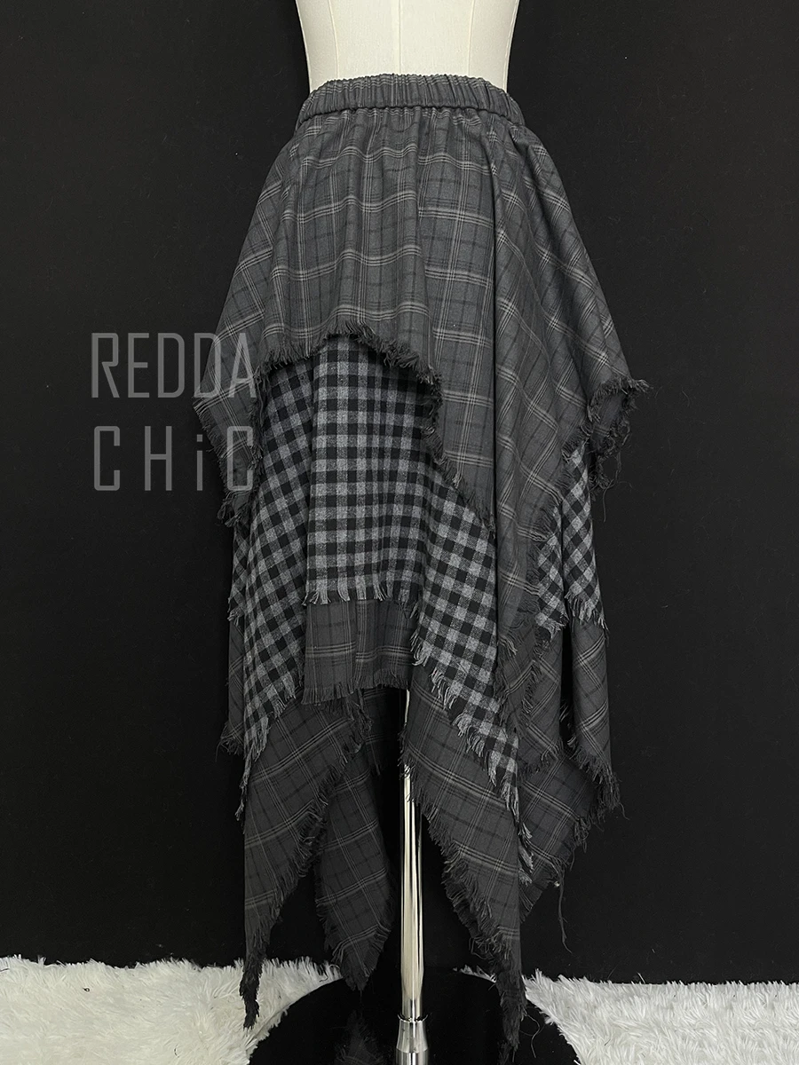 ReddaChic Alt Goth Contrast Plaid Skirt Grunge Retro Elastic Waist Raw Edge Irregular Ruffle Long Skirt Plus Size Women Clothes