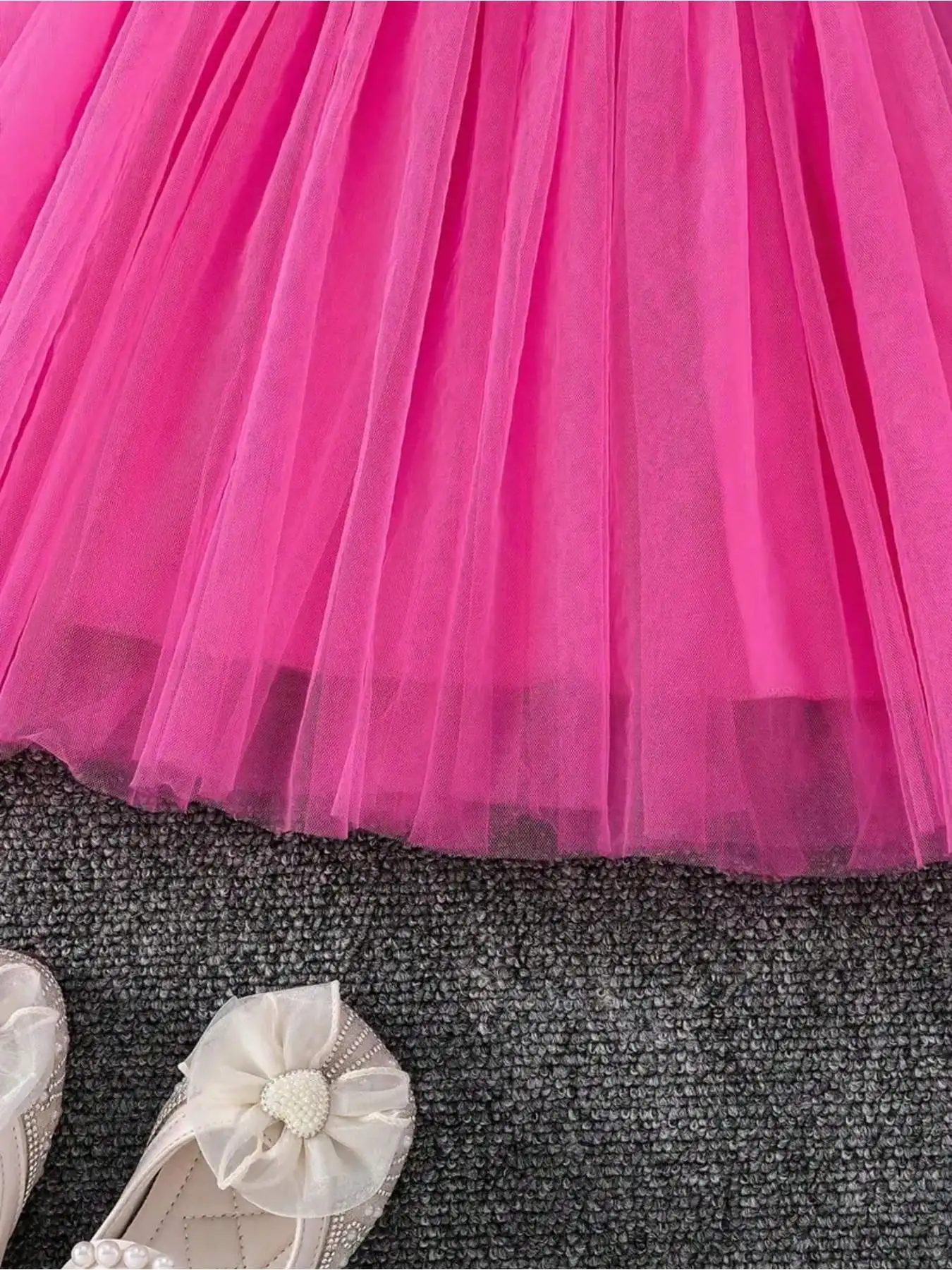 Ärmelloses Kinderkleid mit Schleife an der Taille, aus Mesh, mit quadratischem Ausschnitt, Rüschenrand, lässig, bequem, mittellanger Rock für Mädchen – Detail 8
