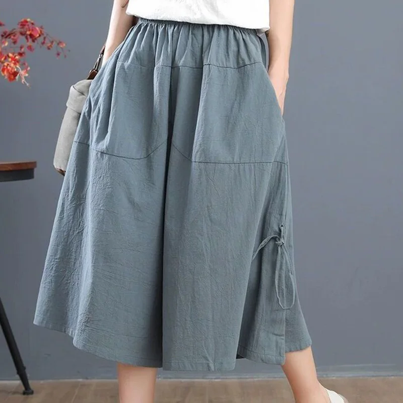 Oversized Women Clothing Office Lady Lacing Solid Color Elastic Waist Calf-Length Pants Ladies Casual Pocket Loose Waist Pants