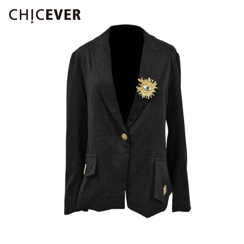 

CHICEVER Evening Spliced Metal Bucke Blazer for Women Lapel Long Sleeve Slimming Patchwork Pocket Solid Coats Female Spring New