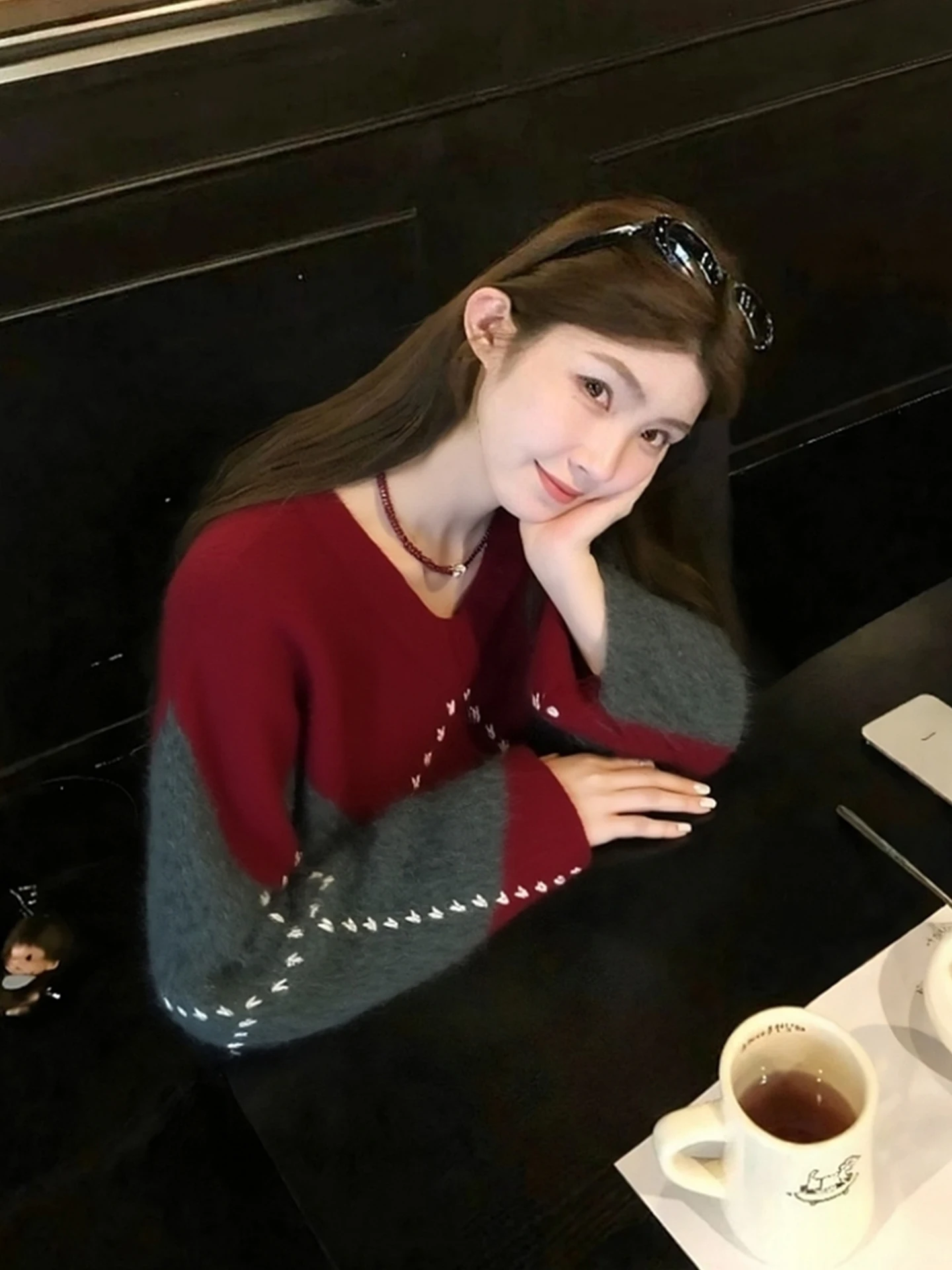 Faionable Color Blo Cisas Red Long Sve gebreide trui Winter Cosy Sle Overhead Design Koreaanse losse pasvorm gebreide kleding