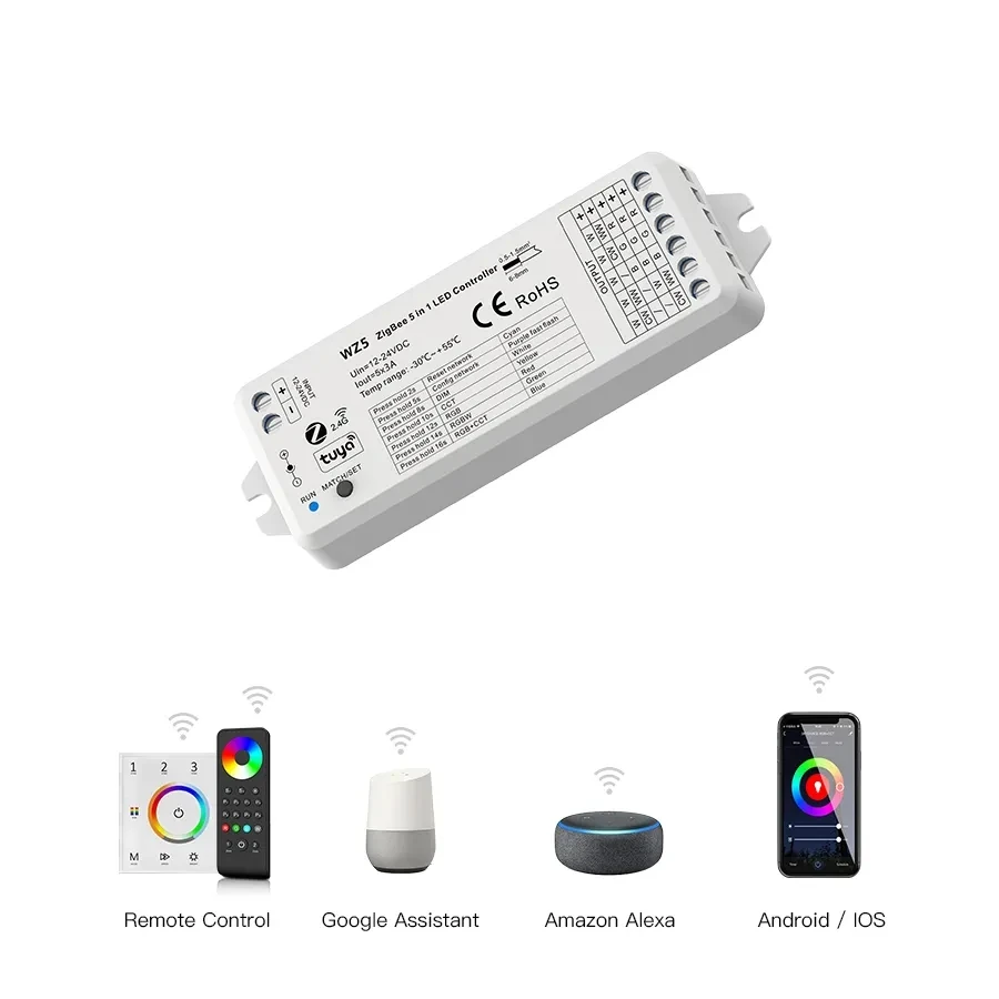 Tuya Zigbee Smart WiFi & 2.4G RF Remote  5 in 1 Voice LED Controller WZ5 for DC12V 24V DIM RGB RGBW RGBWW RGBCW RGBCCT LED Strip