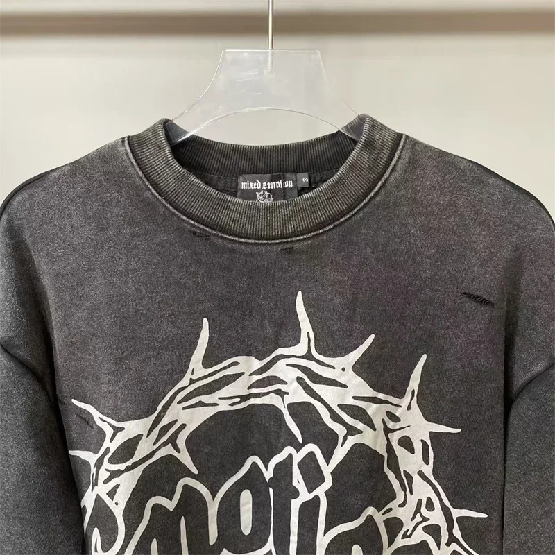 

Logo Pattern Print MIXED EMOTION Oversized Hoodie Men Women Black Vintage Long-sleeved Shirts