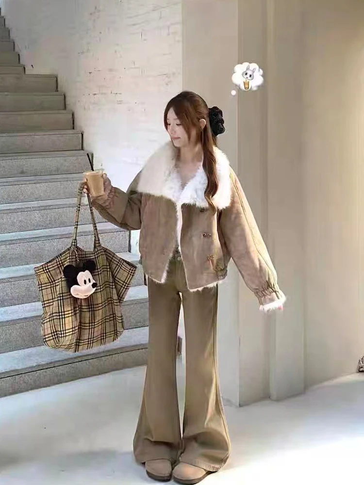 Koreański płaszcz damski ort, ciepły, z kołnierzem ze sztucznego futra, zimowa odzież wierzchnia, dopasowany krój, długi, jednolity kolor, zapinany na guziki, kurtka.