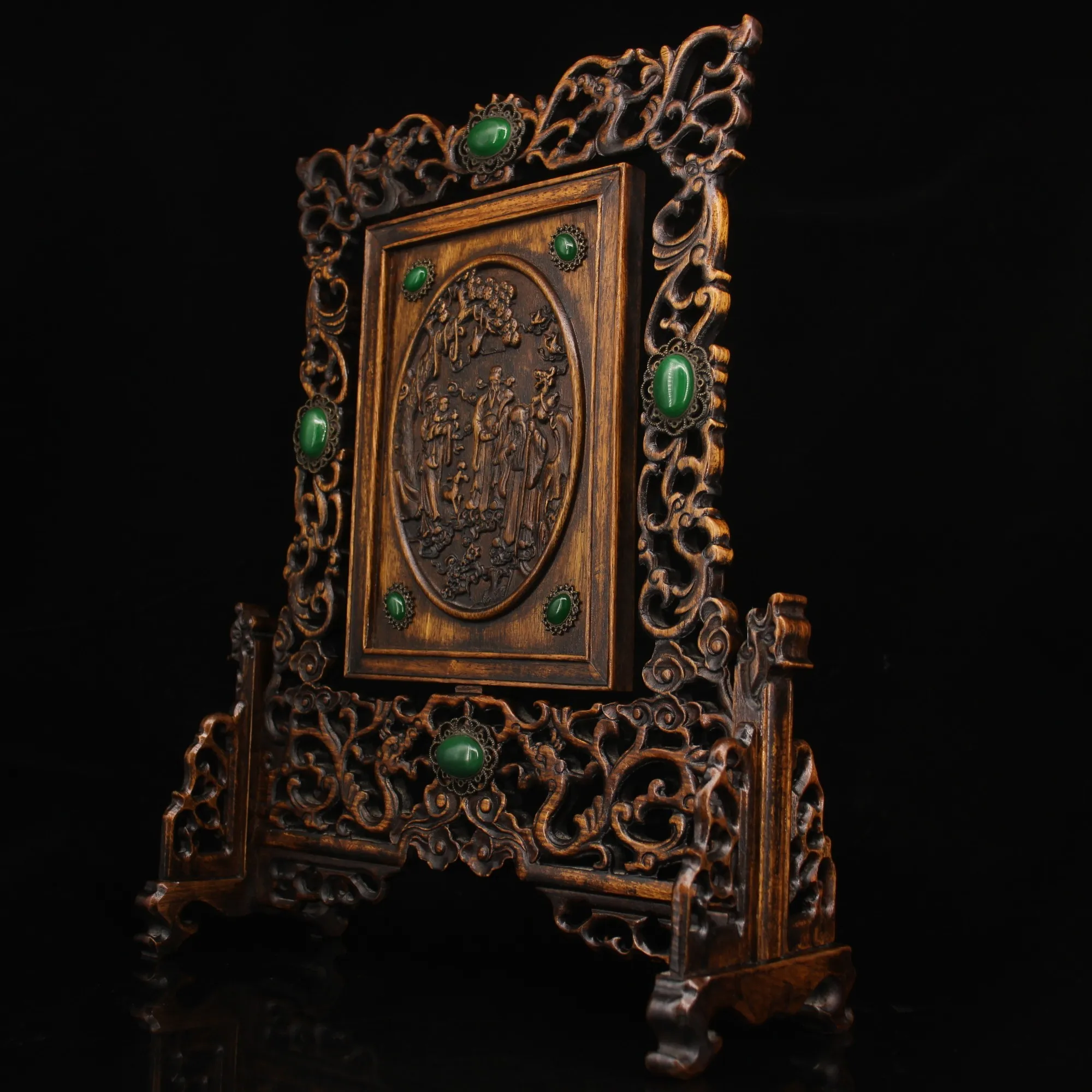 Old Boxwood wood carving Mosaic Gem Fu Lu Shou immortal Screen Study hollow-out Draw heart rotation Ornaments Town house