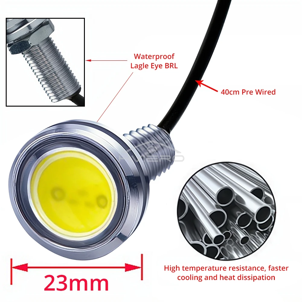 2Pcs New 23MM Car Eagle Eye Silver Shell DRL Led Daytime Running Lights LED 12V Backup Reversing Parking Signal Automobiles Lamp