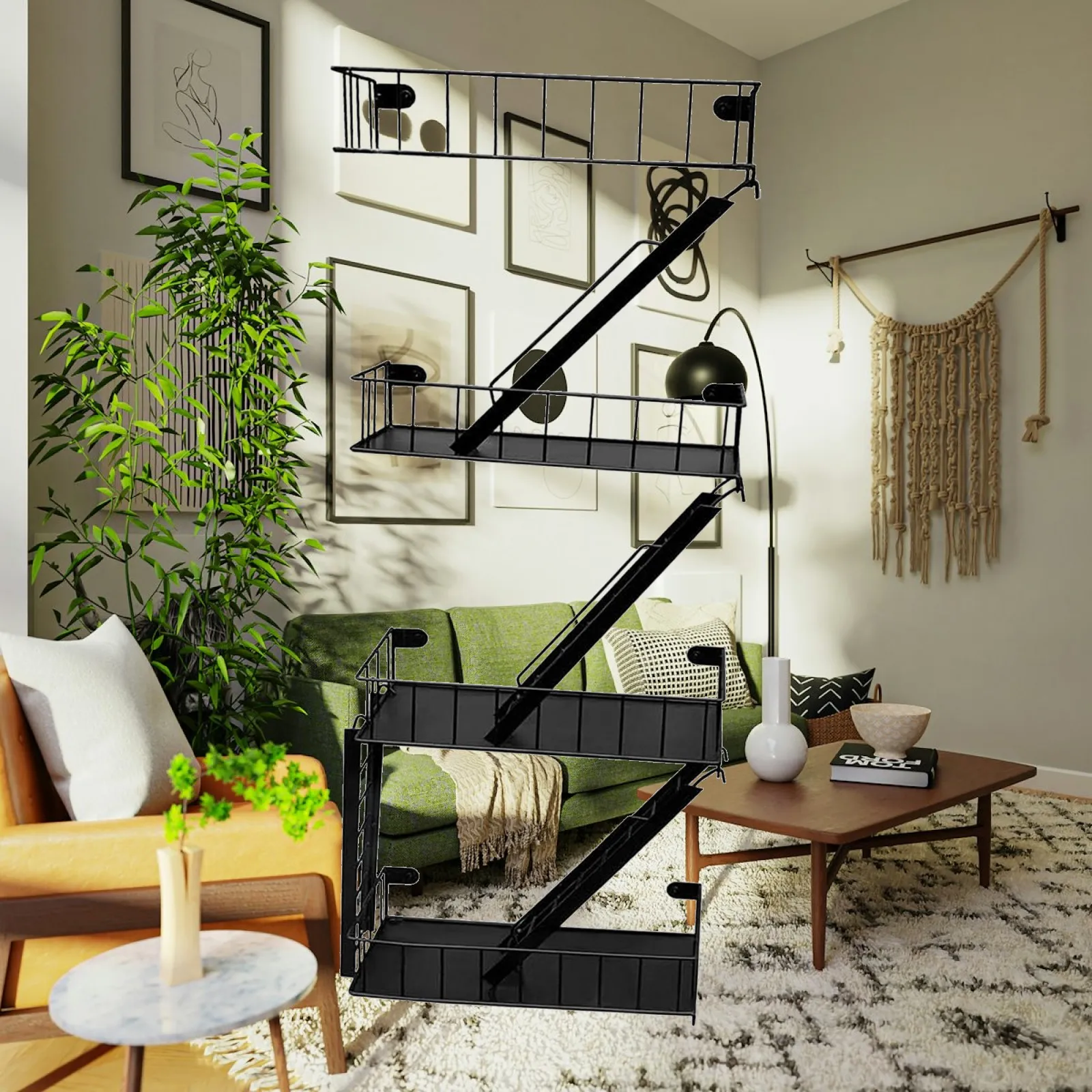 

Iron Fire Escape Wall Mounted Shelf Compact Floating Organizer Plant Stand for Living Room Bedroom