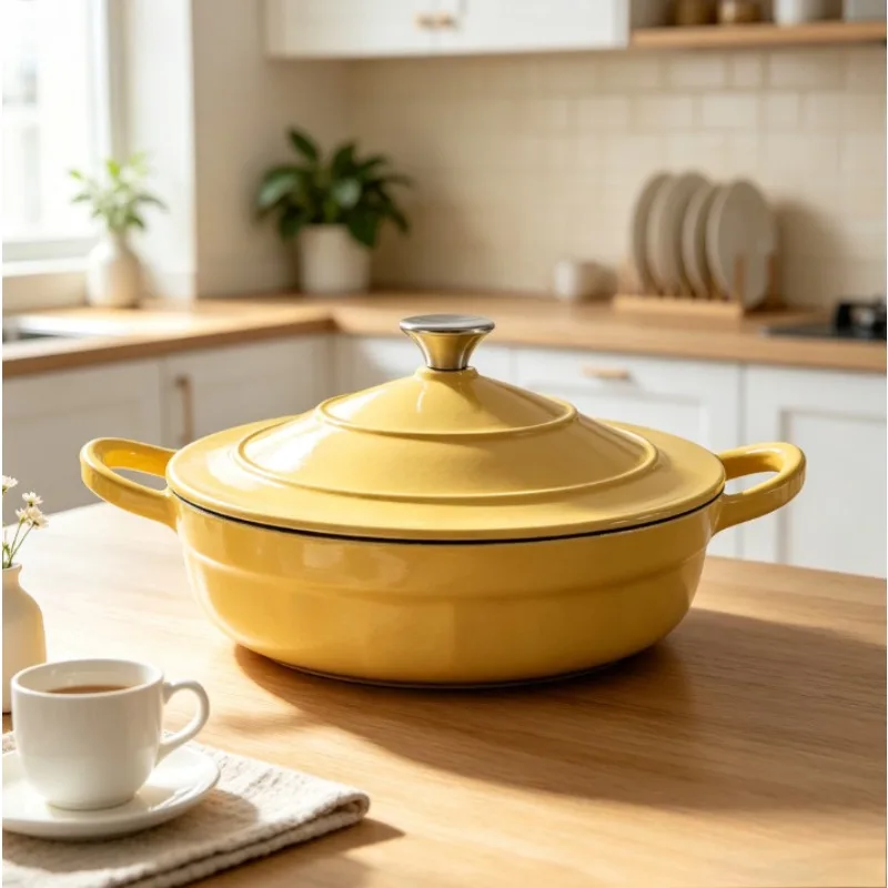 Enameled Cast Iron Dutch Oven, Braising Pot with Pressure Lid, Induction-Ready Stew Pot for Seafood Soup, Home Kitchen, Families