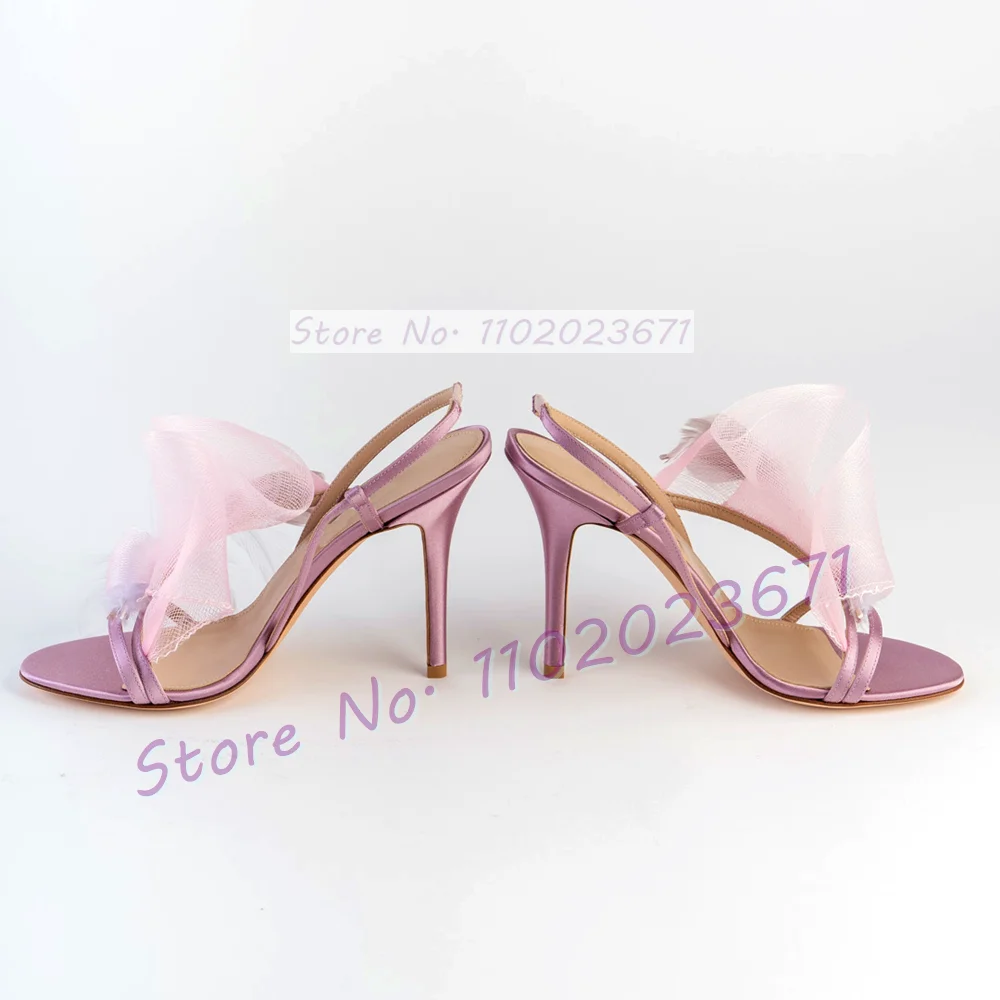 Lilac Satin Netting Feather Stiletto Sandals Female Stylish Elegant Party Wedding Satin Shoes Thin High Heels Open Toe Sandals