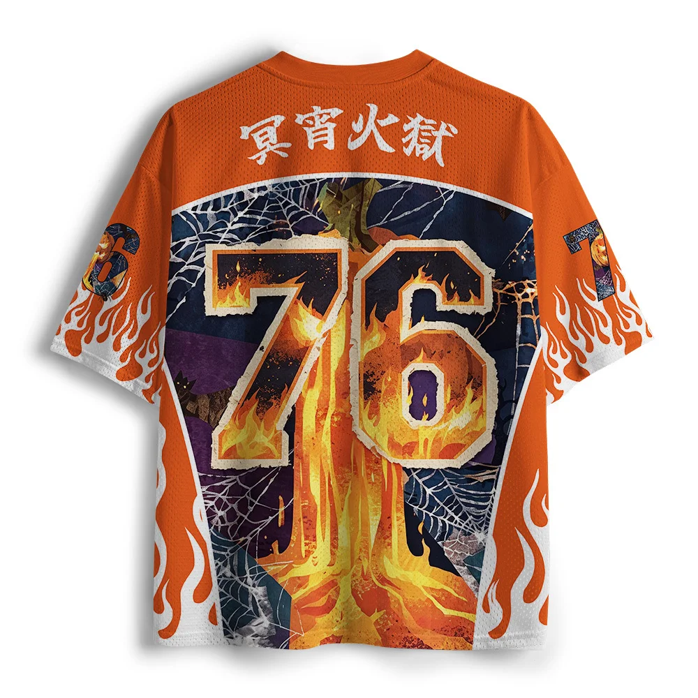 2026 Vintage Halloween Pumpkin Skull Print Jersey Men Hip Hop Oversized V Neck Mesh Short Shirt Spooky Street Fashion Top