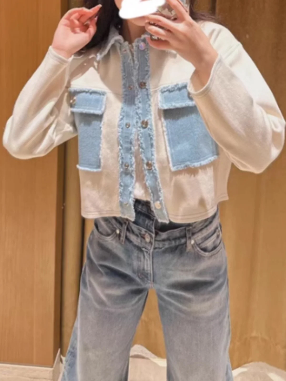 

Quali S Home 2024 Autumn Color Blo Collar Knitted Denim ort Coat Women's Open Cardigan Wool Blend Long Sve Color