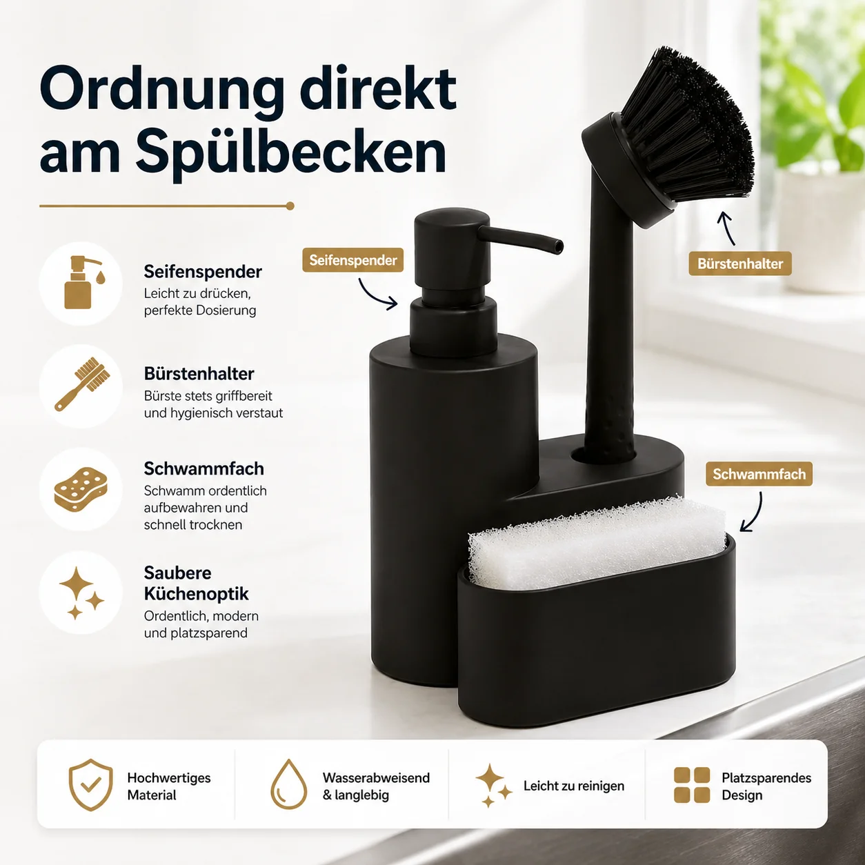 

GOOGO Integriertes Küchenseifenspender-Set mit Geschirrbürste, Schwamm & Halter, platzsparend, Schwarz, für Küche & Spüle