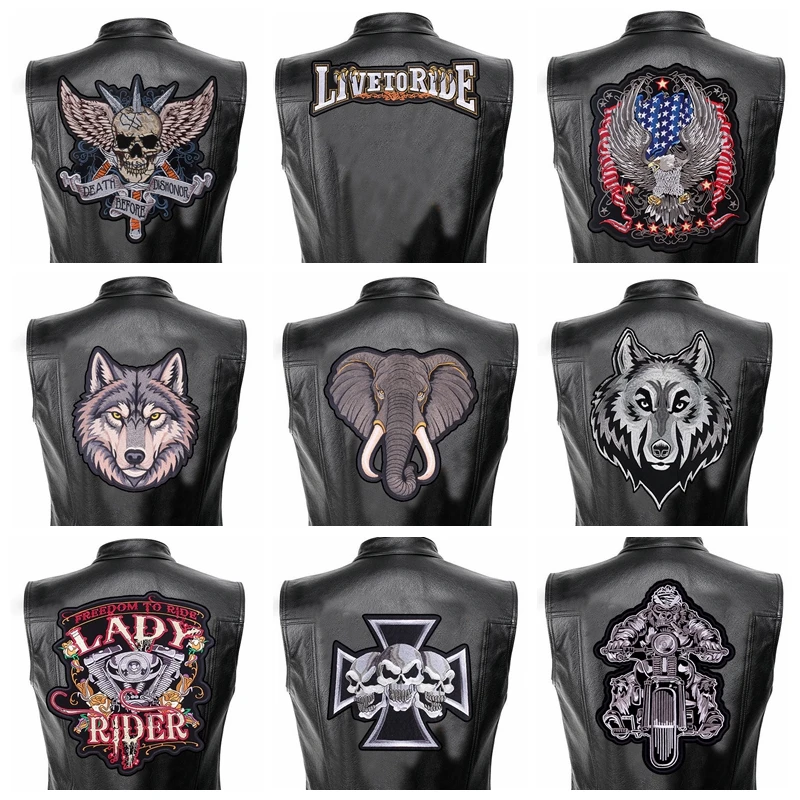Large Punk Motorcycle Biker Back Embroidered Patches Wolf Elephant Patch Iron On Patches For Clothing Leather Jeans Jackets DIY