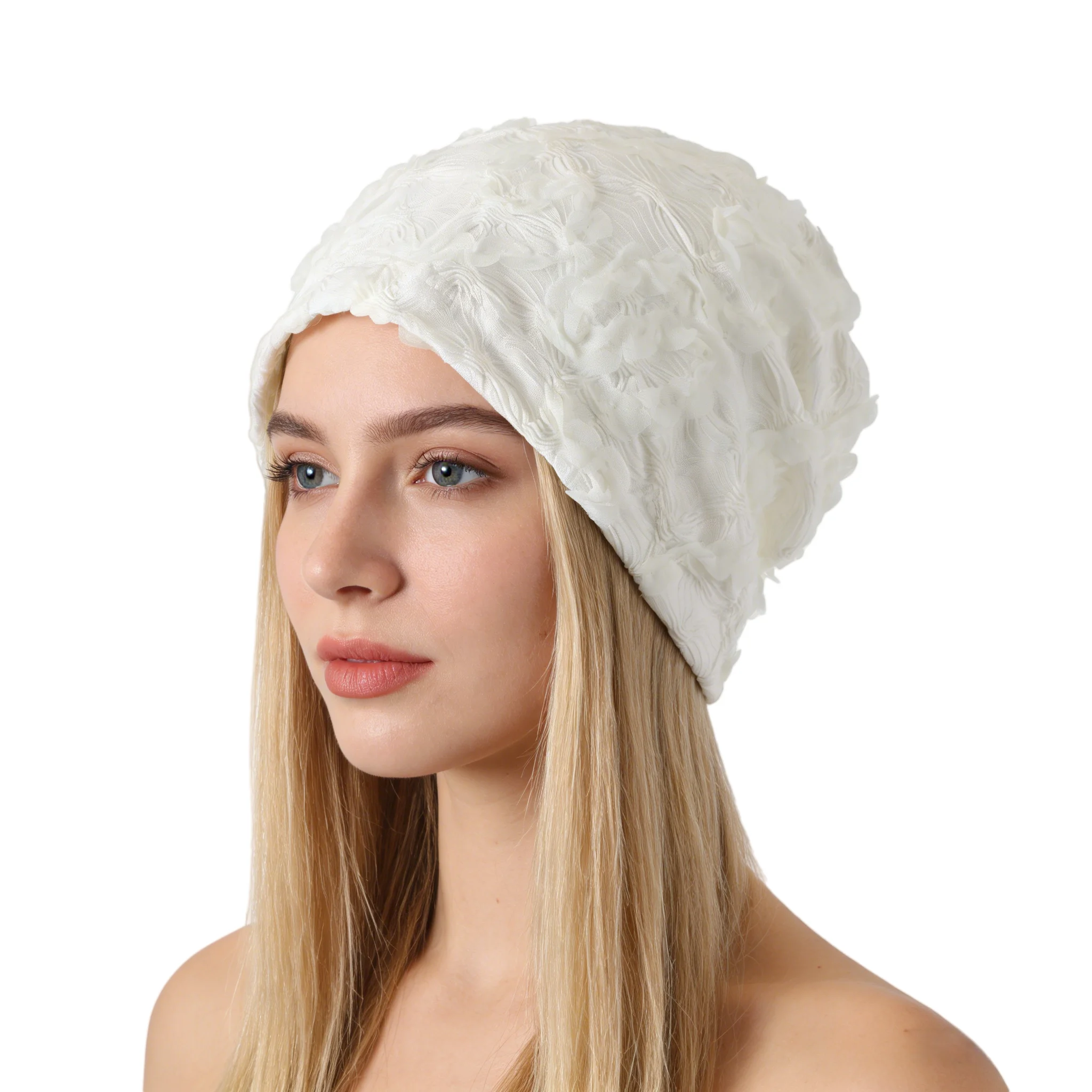 Vintage Elegant Ruffled Lace Turban Hat for Women, Pleated Stretchy Beanie Cap, Soft Headwrap for Daily & Party