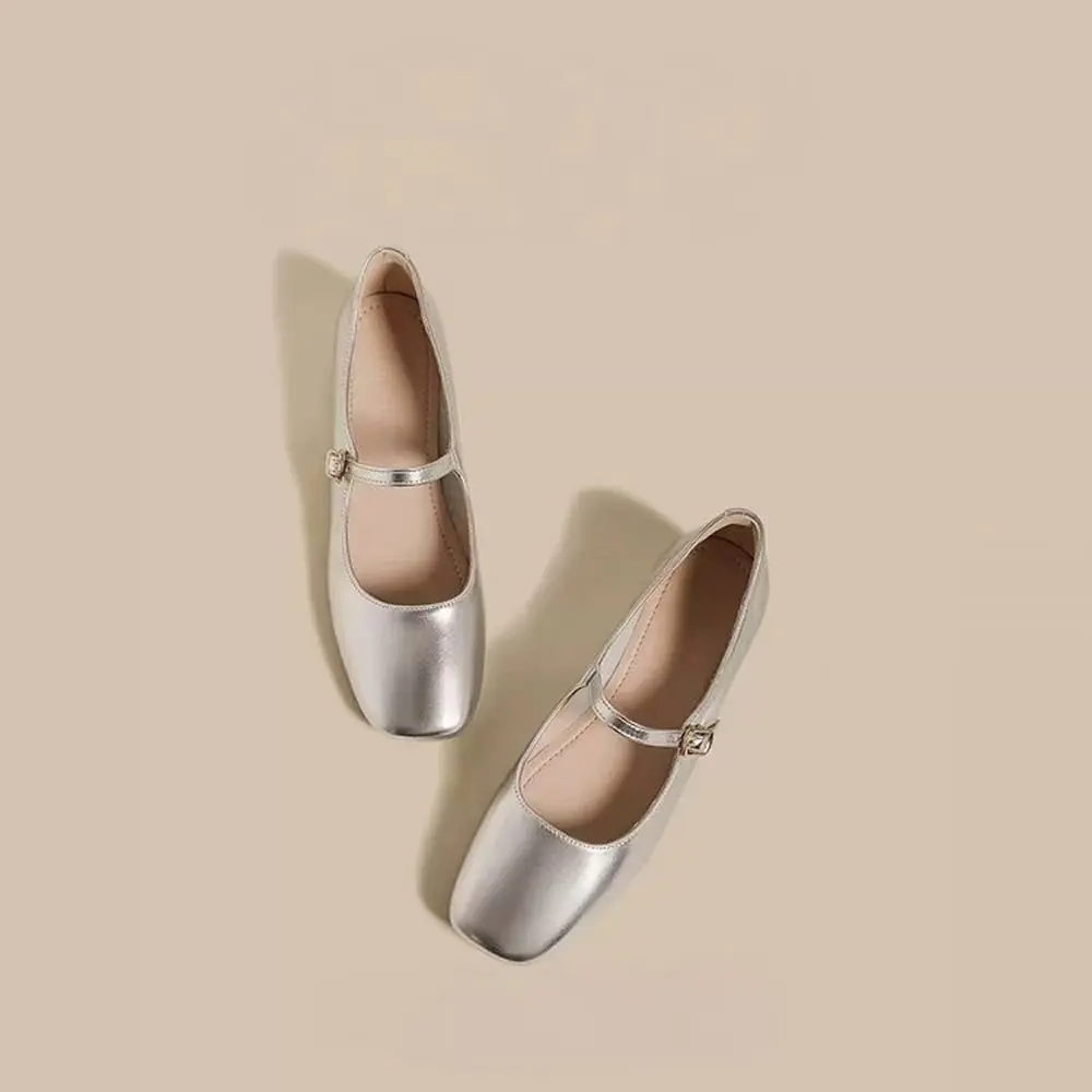حذاء باليه نسائي مسطح ربيعي من الجلد الناعم بمقدمة مربعة وفم ضحل ومزاج ريترو أنثى ماري جين #3