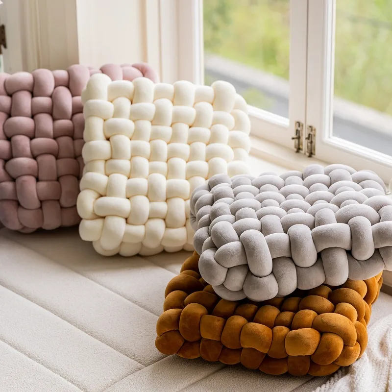 

Living Room Soft Plush Knot Cushion Sofa Pillow Solid Color Square Hand-Woven Home Throw Pillow Square Woven Seat Cushion Cushio