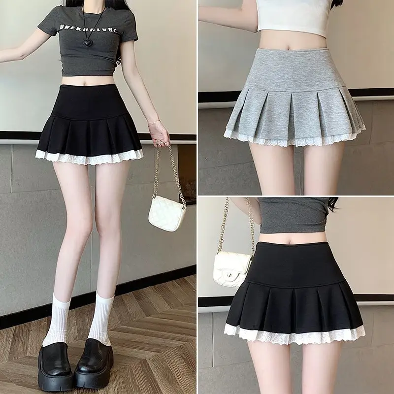 Sweet Lace Patchwork Skirt High Waist Black Mini Skirt Korean Fashion A Line Gray Short Pleated Skirts for Women Y2k Clothes