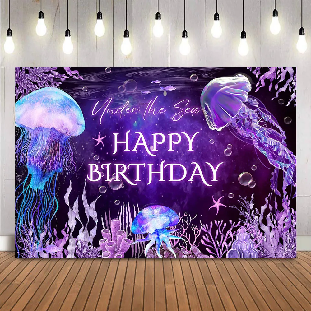 

Purple Jellyfish Birthday Background Under the Sea Photography Backdrop Newborn Kids Mermaid Photo Booth Backdrops Photocall