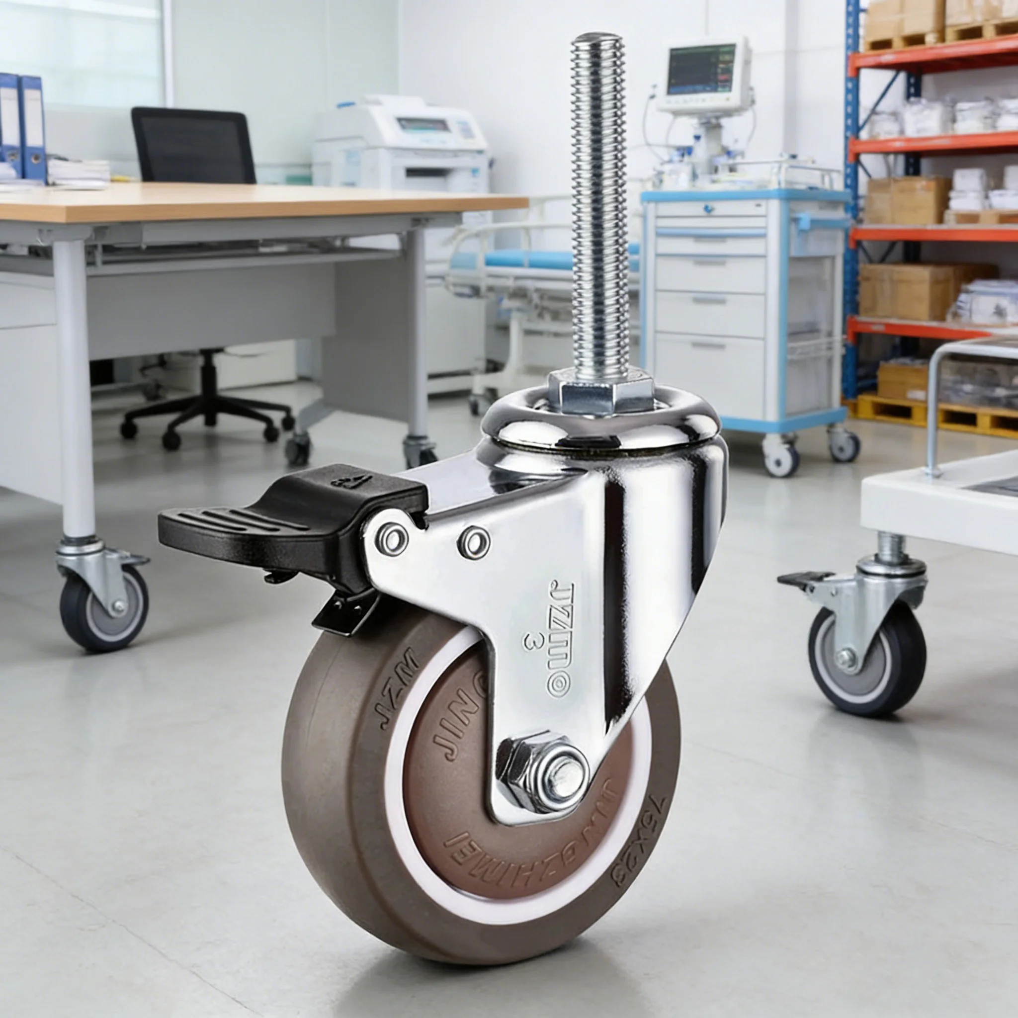 

4pcs-2inch M12x60mm Brakes Swivel Rubber Castors, Threaded Stem Locking Casters For Furniture Shelving Carts