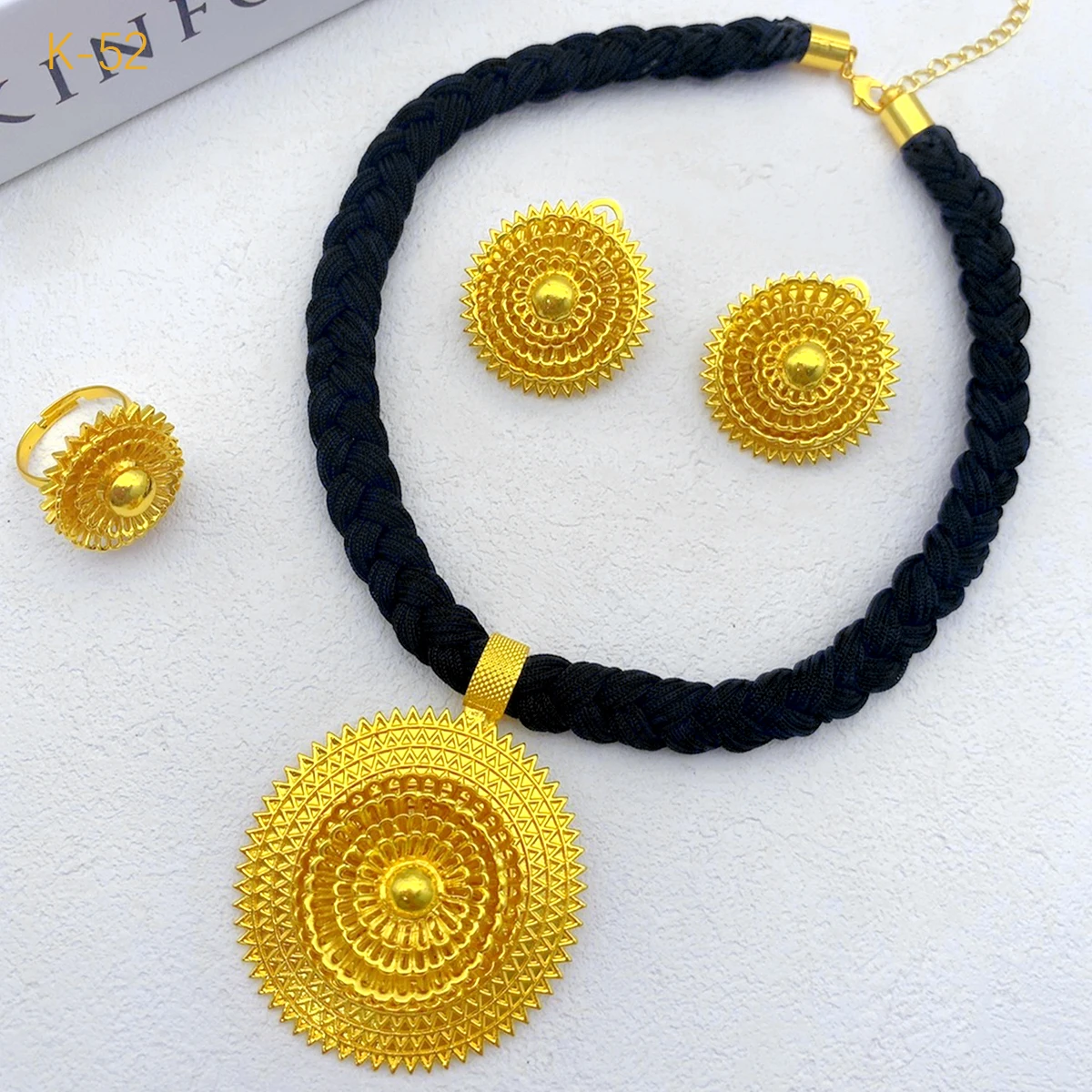 Ethiopian Black Rope Necklace Earrings Jewelry Set For Women Dubai 24K Gold Plated Indian African Bridal Wedding Party Jewellery