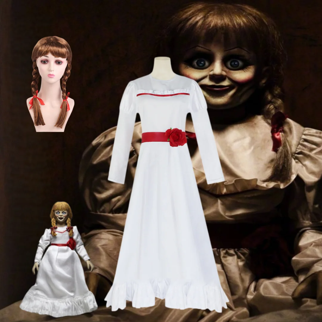 Disfraz de muñeca de terror para mujer, vestido blanco de manga larga con cinturón de rosas rojas y peluca, ideal para fiestas de Halloween