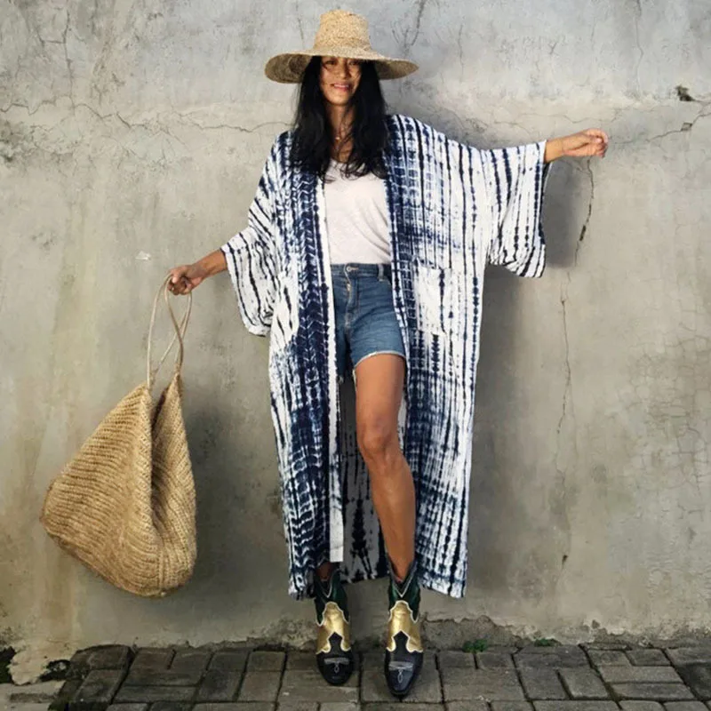 Women Lightweight Striped Cotton Cover Up Dress for Beach Vacation Sun Protection Long Sleeve Kaftan Swimwear Overlay