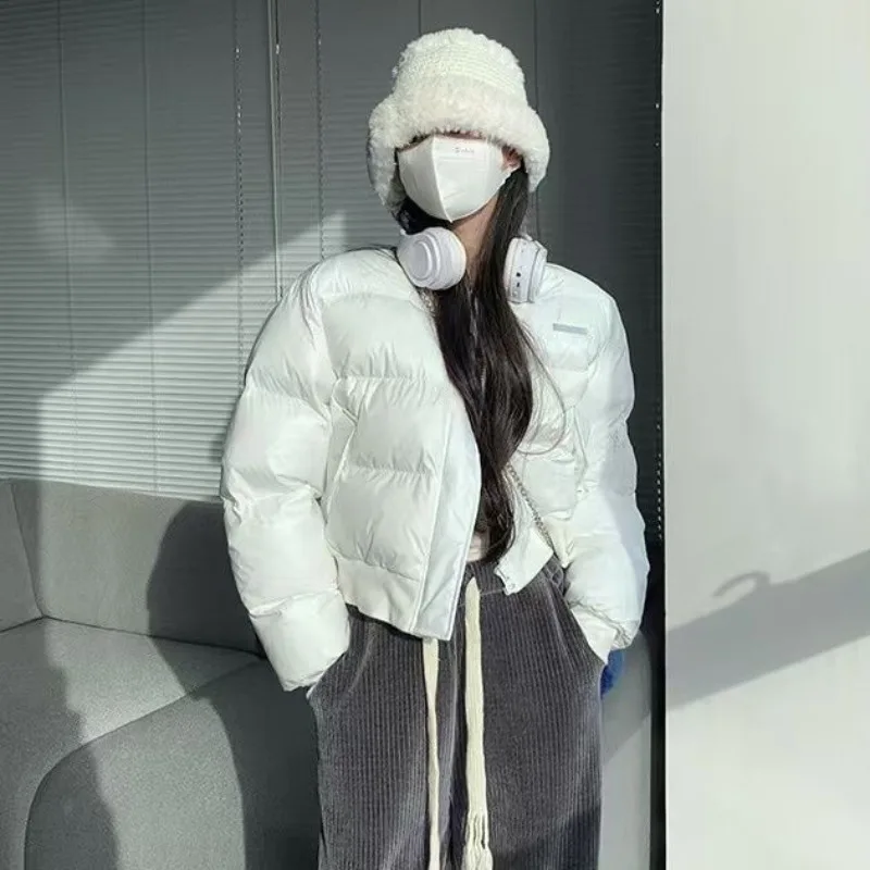White Cotton Pdded Jacket for Women's Winter Short American Style Loose Baseball Coats Girls Lightweight Soft Warm Bread Parkas
