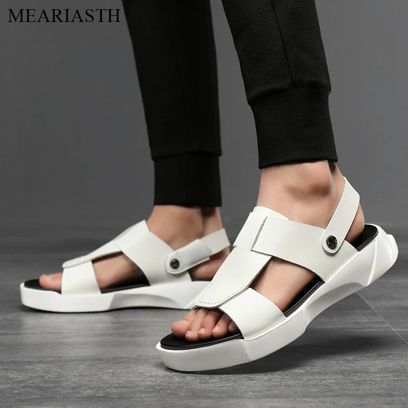 New White Black Cow Spilt Leather Men Sandals Platform Summer Roam Men Shoes Trendy Casual High Top Young Fashion Men Shoes