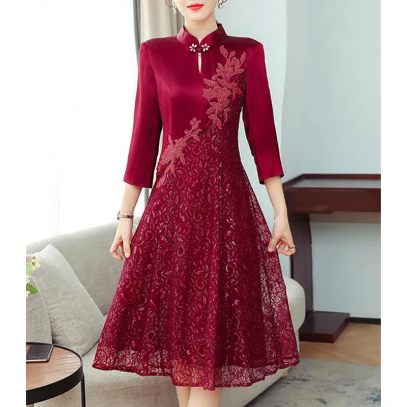 Women Retro Chinese Style Embroidery Lace Patchwork Elegant Wedding Party Dresses Red Chic 3/4 Sleeve Slim Cheongsam Midi Dress