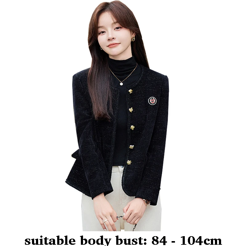 High quality woolen blazer for women single breasted button O neck embroidery autumn winter 2025 elegant  office clothes black