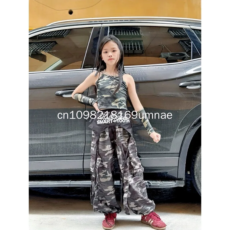 Girls K-pop Crop Top Camouflage Cargo Pants Kids Hip Hop Street Dance Costumes Children Jazz Girl Group Streetwear Clothes Sets