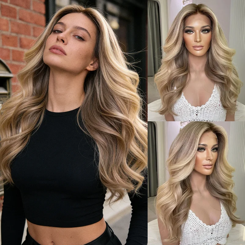 

Новинка 2026 года: Модный парик с кружевной передней частью, коричневый с блондом, синтетическая смесь с 5% натуральных волос, для женщин, с естественной линией роста волос