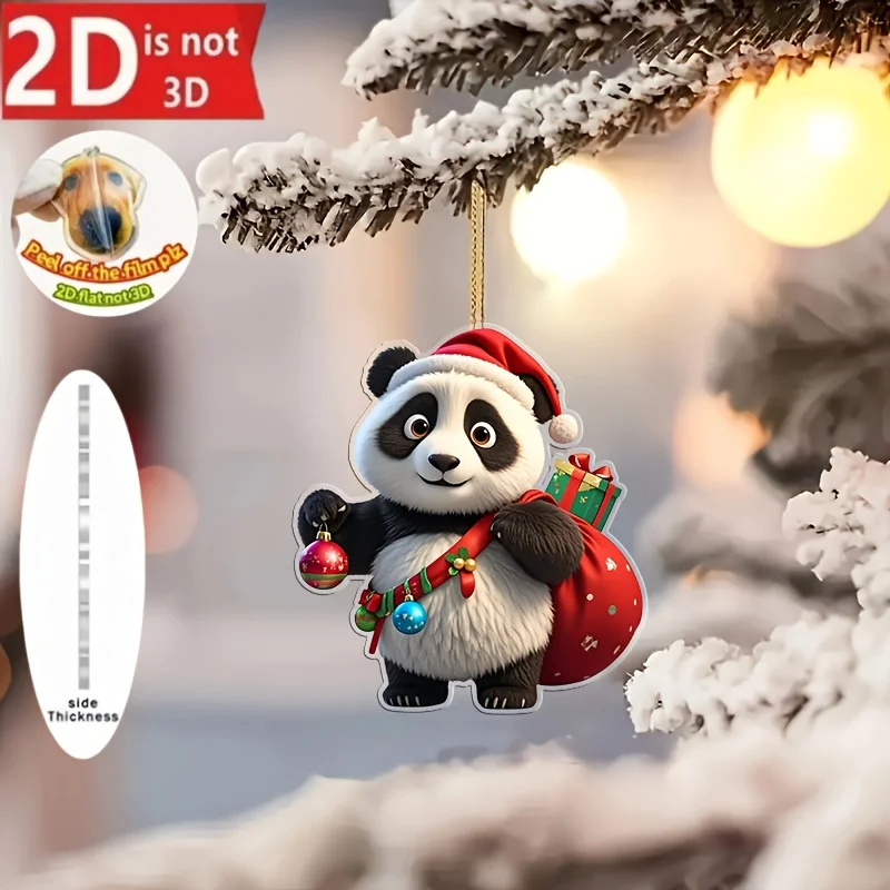 2D عيد الميلاد الباندا سيارة قلادة مع قبعة سانتا شقي شنقا زخرفة الاكريليك زينة احتفالية ملحق عطلة هدية المحفظة #6