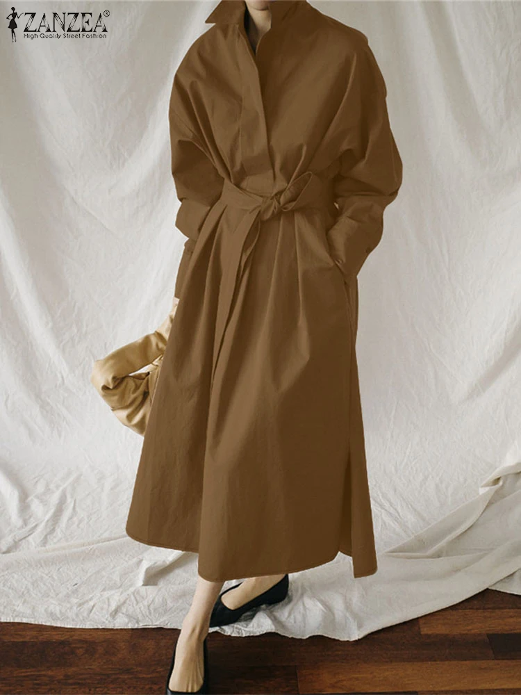 فستان ZANZEA أنيق للسيدات للخريف بأكمام طويلة ورقبة على شكل طية صدر السترة فساتين مكتب أنيقة بحزام رداء متين على شكل حرف A فستان صيفي للعمل OL